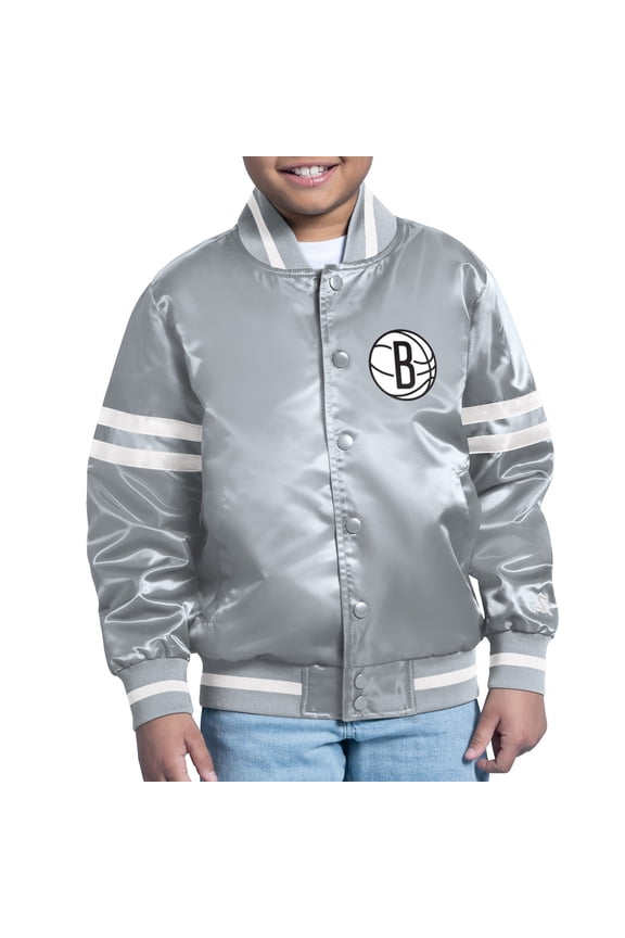 Youth Starter Gray Brooklyn Nets Comic-Style Satin Full-Snap Varsity Jacket