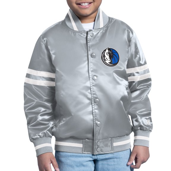 Youth Starter Gray Dallas Mavericks Comic-Style Satin Full-Snap Varsity Jacket