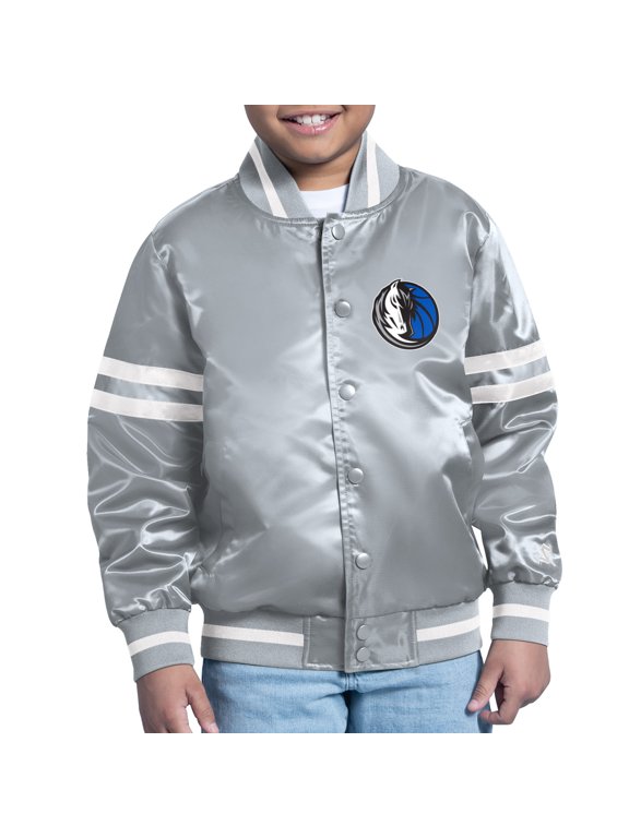 Youth Starter Gray Dallas Mavericks Comic-Style Satin Full-Snap Varsity Jacket