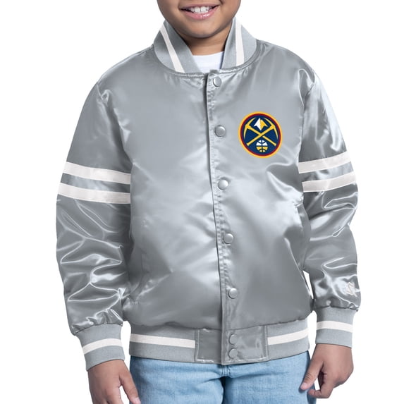 Youth Starter Gray Denver Nuggets Comic-Style Satin Full-Snap Varsity Jacket