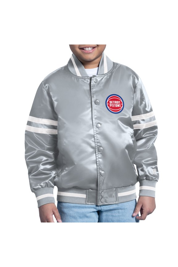 Youth Starter Gray Detroit Pistons Comic-Style Satin Full-Snap Varsity Jacket