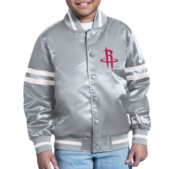 Youth Starter Gray Houston Rockets Comic-Style Satin Full-Snap Varsity Jacket