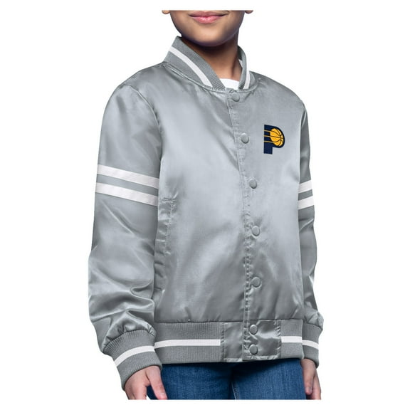 Youth-Starter Gray Indiana Pacers Printed Logo Varsity Satin Full-Snap Jacket