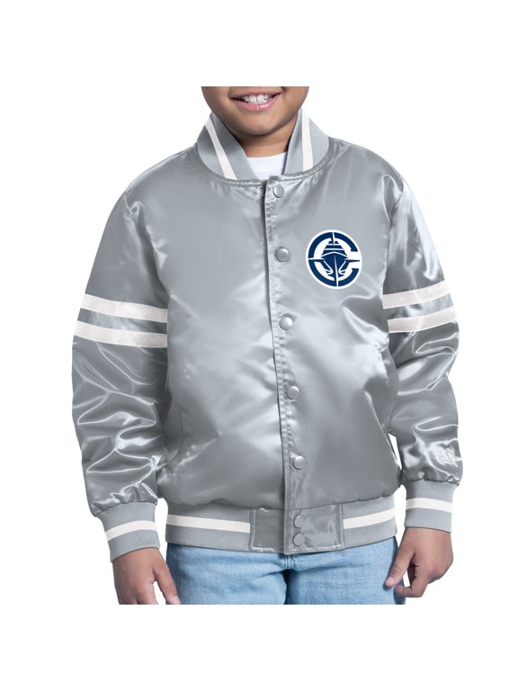 Youth Starter Gray LA Clippers Comic-Style Satin Full-Snap Varsity Jacket