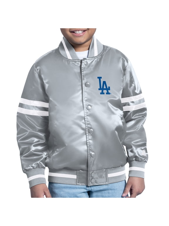Youth Starter Gray Los Angeles Dodgers Printed Team Logo Satin Full-Snap Varsity Jacket