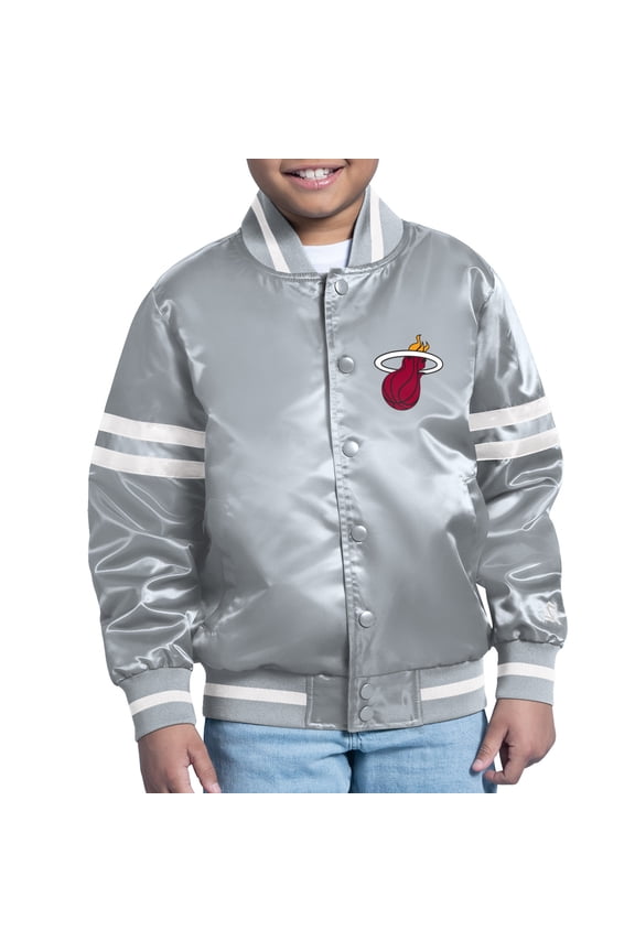Youth Starter Gray Miami Heat Comic-Style Satin Full-Snap Varsity Jacket