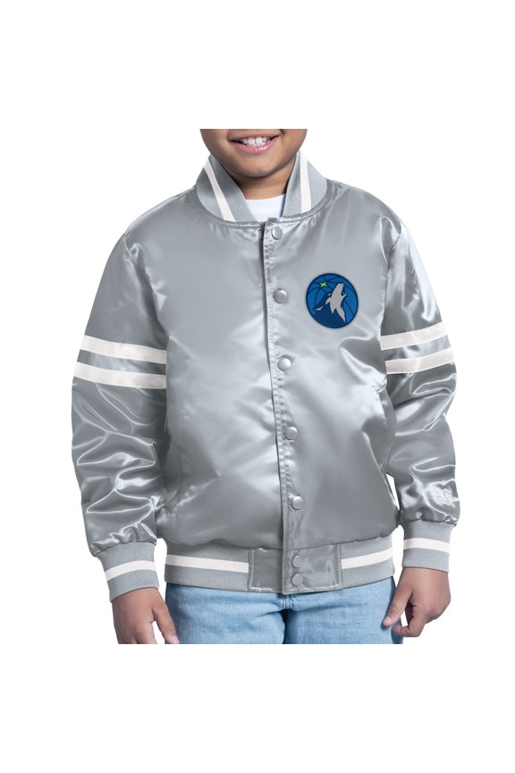 Youth Starter Gray Minnesota Timberwolves Comic-Style Satin Full-Snap Varsity Jacket