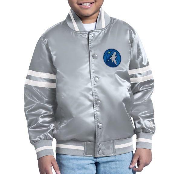 Youth Starter Gray Minnesota Timberwolves Comic-Style Satin Full-Snap Varsity Jacket
