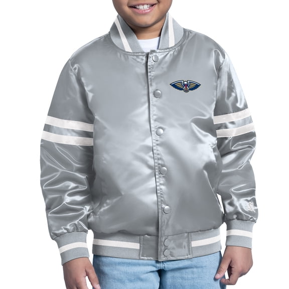 Youth Starter Gray New Orleans Pelicans Comic-Style Satin Full-Snap Varsity Jacket