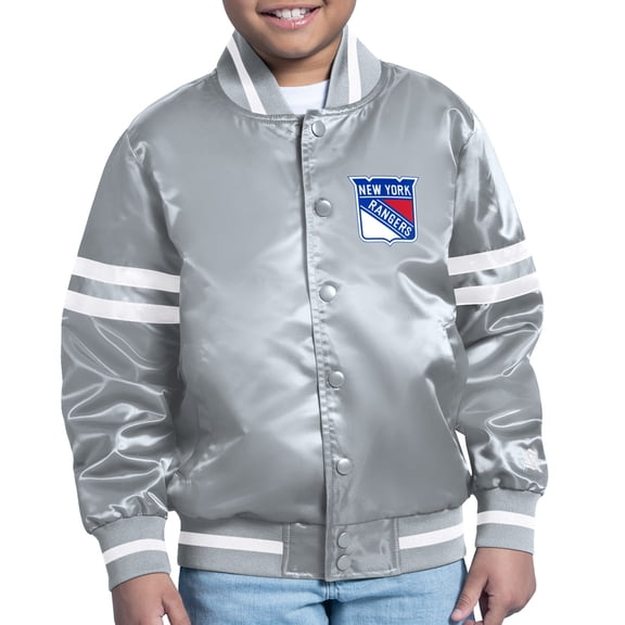 Youth Starter Gray New York Rangers Starter Printed Logo Satin Varsity Full-Snap Jacket