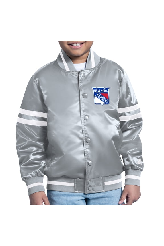 Youth Starter Gray New York Rangers Starter Printed Logo Satin Varsity Full-Snap Jacket