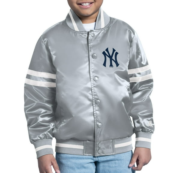 Youth Starter Gray New York Yankees Team Logo Full-Snap Satin Varsity Jacket