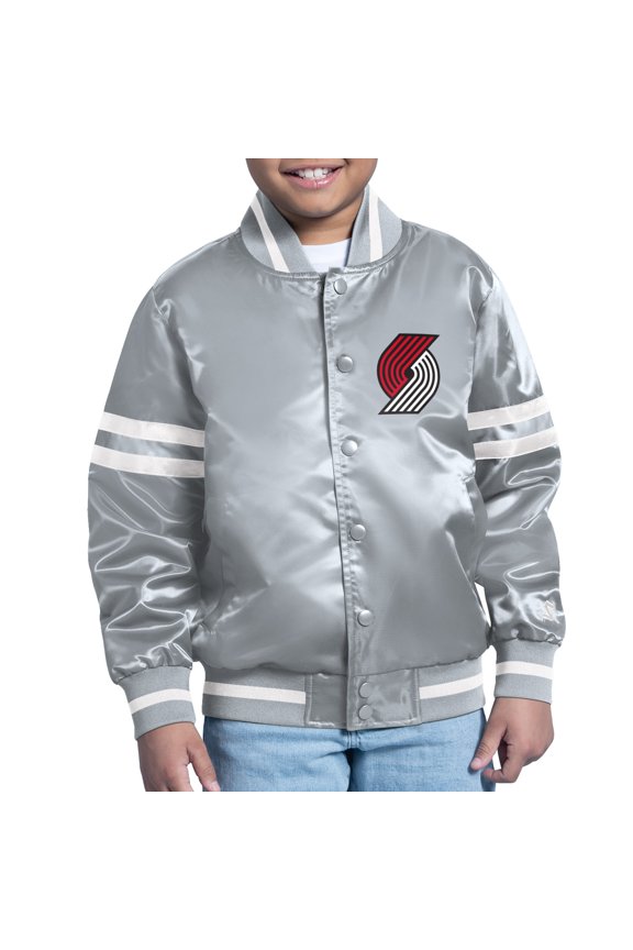 Youth Starter Gray Portland Trail Blazers Comic-Style Satin Full-Snap Varsity Jacket