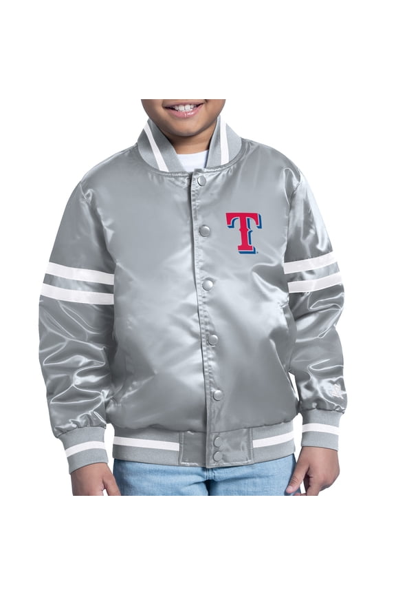 Youth Starter Gray Texas Rangers Printed Team Logo Satin Full-Snap Varsity Jacket