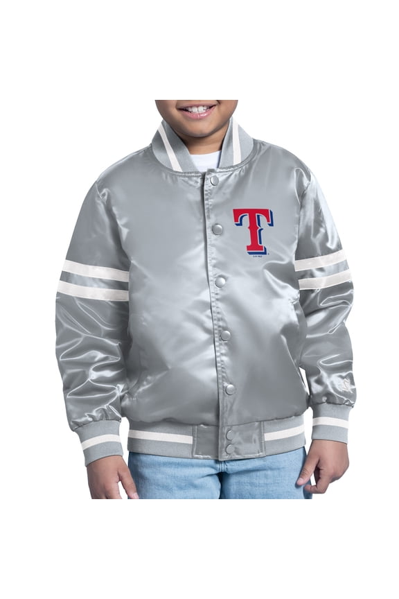 Youth Starter Gray Texas Rangers Team Logo Full-Snap Satin Varsity Jacket