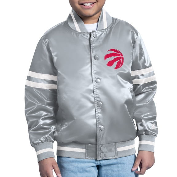 Youth Starter Gray Toronto Raptors Comic-Style Satin Full-Snap Varsity Jacket