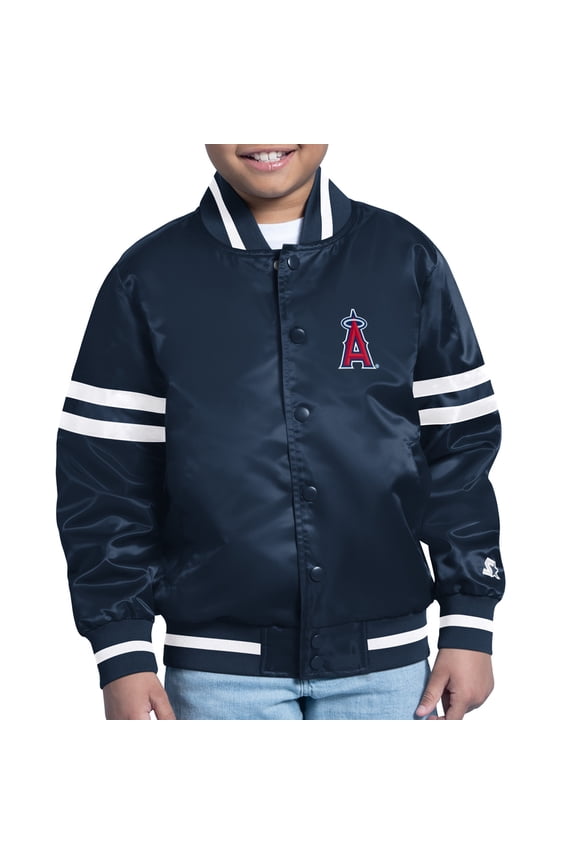 Youth Starter Navy Los Angeles Angels Printed Team Logo Satin Full-Snap Varsity Jacket