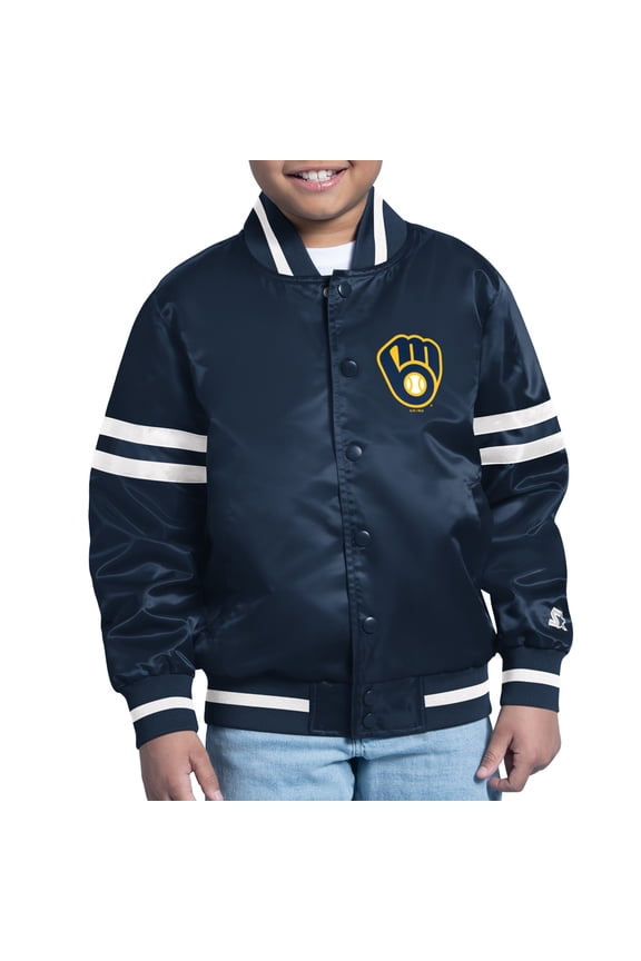 Youth Starter Navy Milwaukee Brewers Team Logo Full-Snap Satin Varsity Jacket