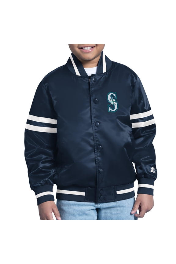 Youth Starter Navy Seattle Mariners Team Logo Full-Snap Satin Varsity Jacket