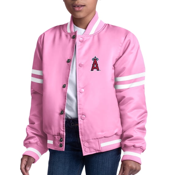 Youth Starter Pink Los Angeles Angels Team Logo Full-Snap Satin Varsity Jacket