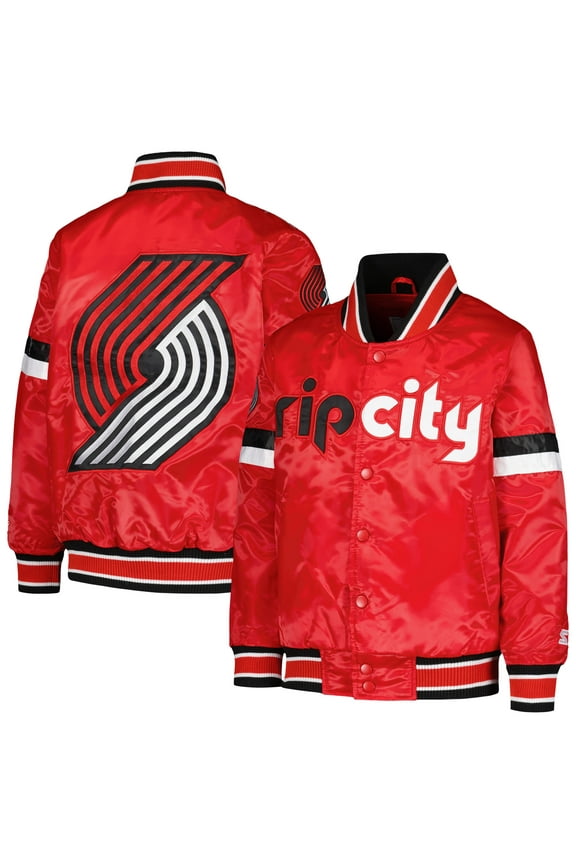 Youth Starter Red Portland Trail Blazers Home Game Varsity Satin Full-Snap Jacket