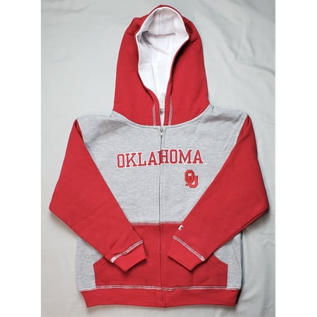 Youth Sweatshirt Style Jacket w/ Hood - Zip Up - Gray & Red Oklahoma OU