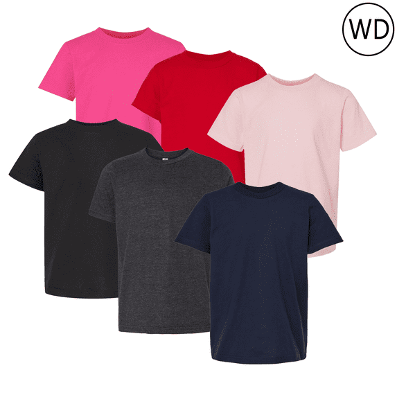 Youth T-Shirt for Unisex, Crewneck Pre-Shrunk 100% Ring-Spun-Cotton Fine Jersey, Mix Colors, Pack 6, XL