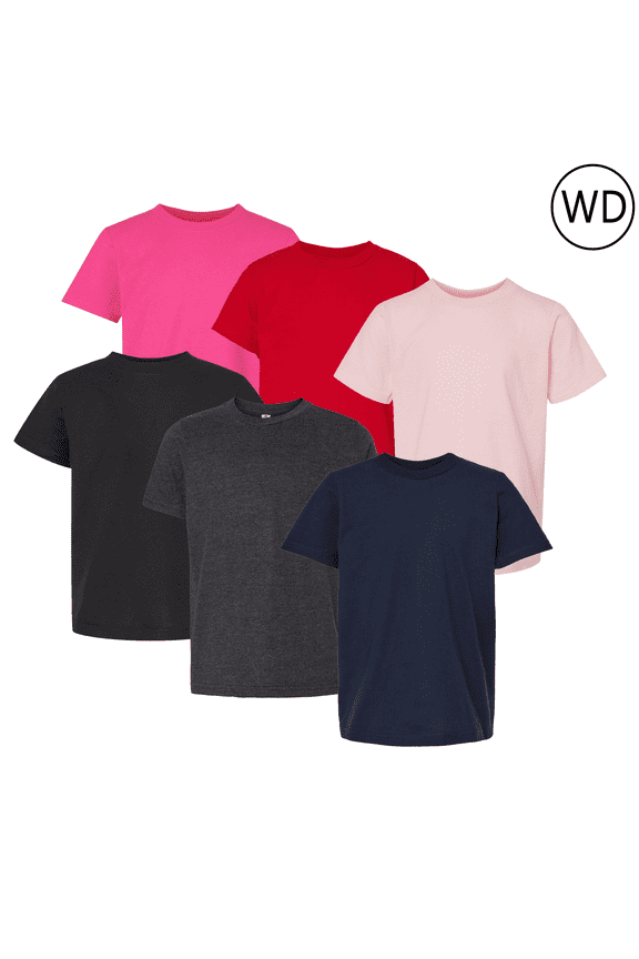 Youth T-Shirt for Unisex, Crewneck Pre-Shrunk 100% Ring-Spun-Cotton Fine Jersey, Mix Colors, Pack 6, XS