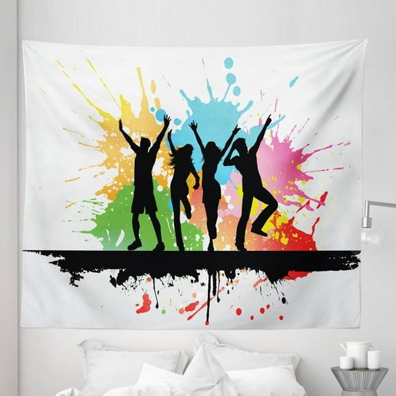 Youth Tapestry, Silhouettes of People Dancing Partying and Having Fun on Colorful Grunge Background, Fabric Wall Hanging Decor for Bedroom Living Room Dorm, 5 Sizes, Blue Black, by Ambesonne