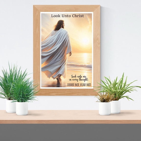 Youth Theme 2025 Look Unto Christ Print Of Jesus Walking On The Beach Looking Into The Sunset For Prints In Sizes 5X7, 8X10, 16X20, & 20X24. UNFRAMED PAPER POSTER, Home Decor, Vintage Gift