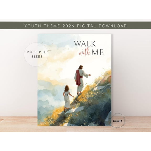 Youth Theme 2026 Walk With Me Jesus and Young Woman Mountain Poster, 8x12 UNFRAMDE