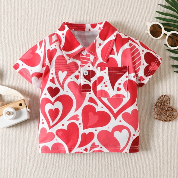 Youth Thermal Holiday Novelty Button Down Shirts Toddler Boys Girls Valentine's Day Short Sleeve Heart Prints Kids Tops T Shirt with Pocket (12-18 Months, Red)