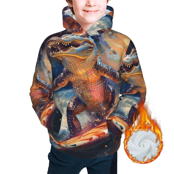 Youth Thickened Hoodies Sweashirts Kids Warm Hooded Sweatshirt, Crocodile Funny Surf Psychedelic