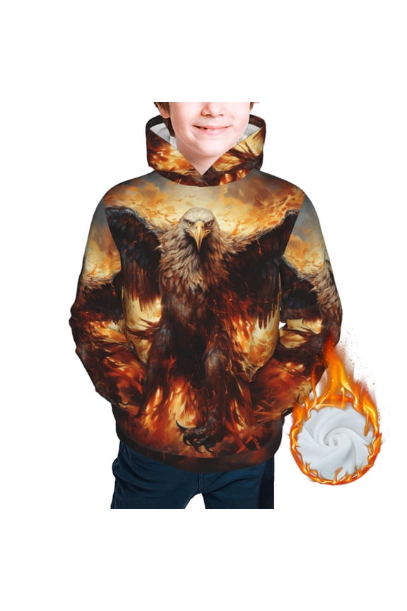 Youth Thickened Hoodies Sweashirts Kids Warm Hooded Sweatshirt, Flaming Fire Eagle Art