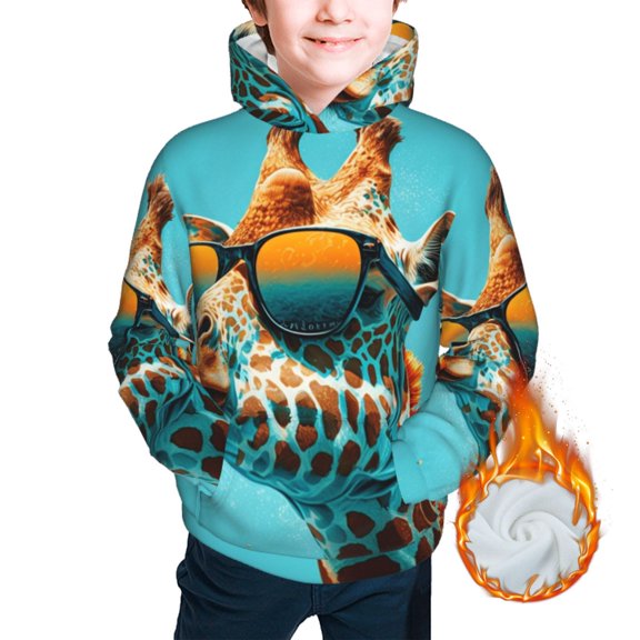 Youth Thickened Hoodies Sweashirts Kids Warm Hooded Sweatshirt, Giraffe With Sunglasses Sunny Day Cool