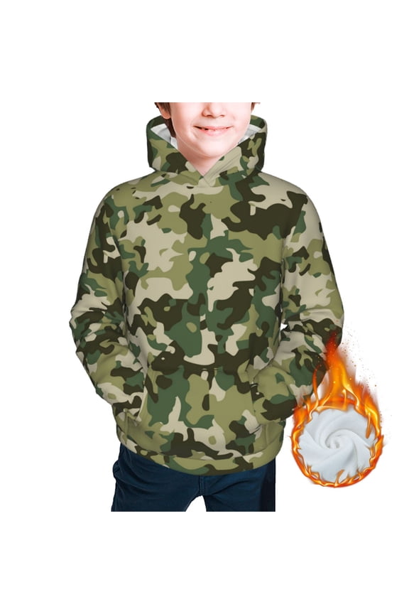 Youth Thickened Hoodies Sweashirts Kids Warm Hooded Sweatshirt, Military Camouflage Green Camo