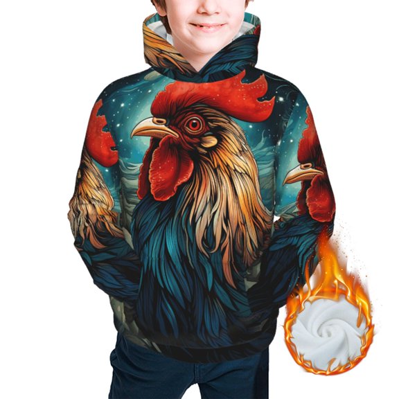 Youth Thickened Hoodies Sweashirts Kids Warm Hooded Sweatshirt, Rooster Vintage Cool Art