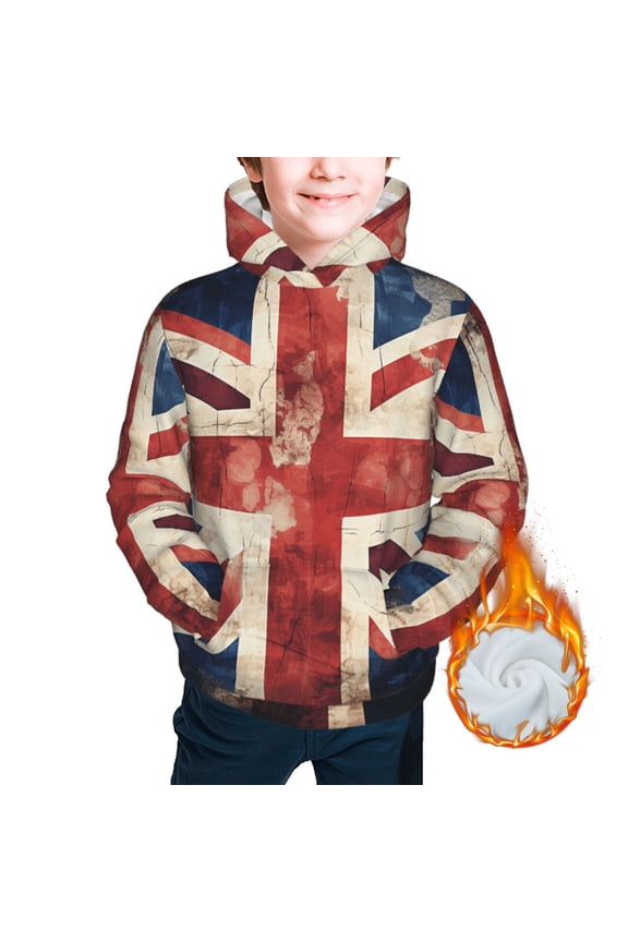 Youth Thickened Hoodies Sweashirts Kids Warm Hooded Sweatshirt, Union Jack UK Flag Vintage