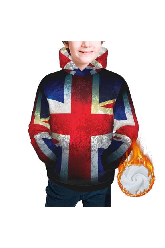 Youth Thickened Hoodies Sweashirts Kids Warm Hooded Sweatshirt, Union Jack United Kingdom Flag Vintage