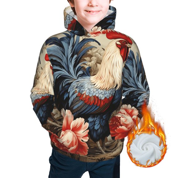 Youth Thickened Hoodies Sweashirts Kids Warm Hooded Sweatshirt, Vintage Rooster Cool