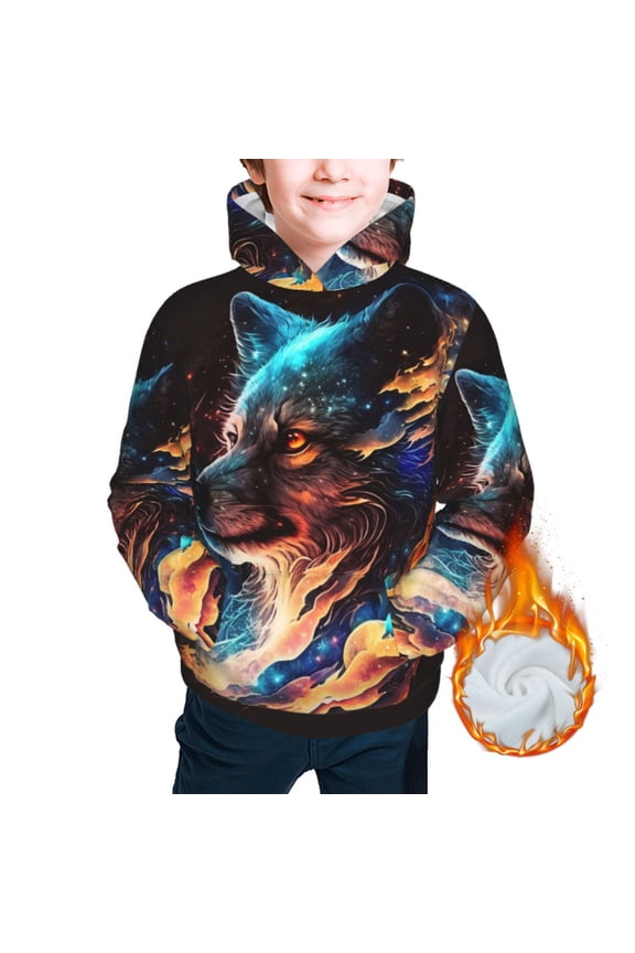 Youth Thickened Hoodies Sweashirts Kids Warm Hooded Sweatshirt, Wolf Galaxy Fire Space