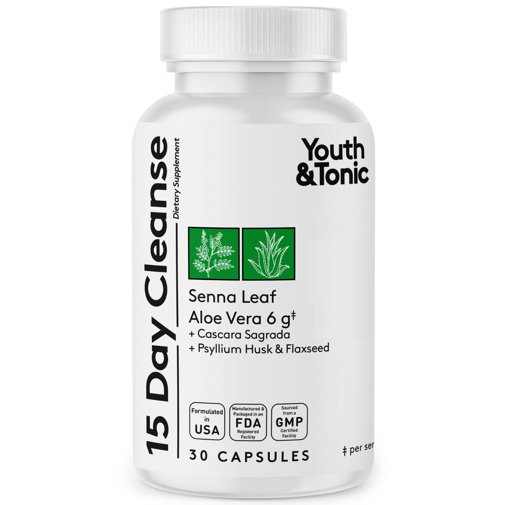 Youth & Tonic 15 Day Cleanse Supplement with Senna Leaf, 30 Caps