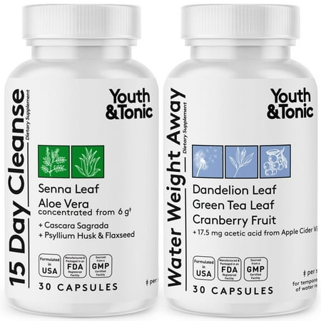 Youth & Tonic Tonic Digestive Flush Colon Cleanser with Senna, Dandelion, Probiotics, 60 Capsules