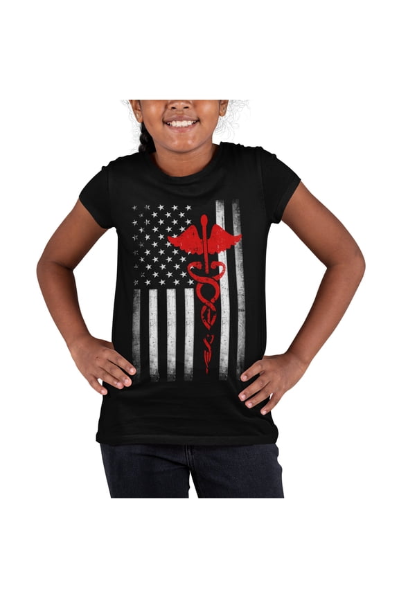 Youth USA Flag Red Premium Ringspun Tee Support Our Heroes EMT Nurses Black, Small