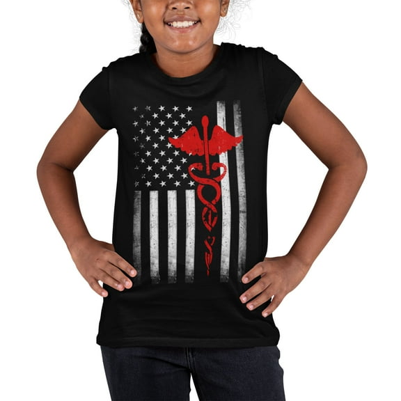 Youth USA Flag Red Premium Ringspun Tee Support Our Heroes EMT Nurses (Black, X-Small)