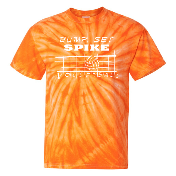 Youth Volleyball Tie Dye T-Shirt "Bump, Set, Spike" Logo (Orange, YS)