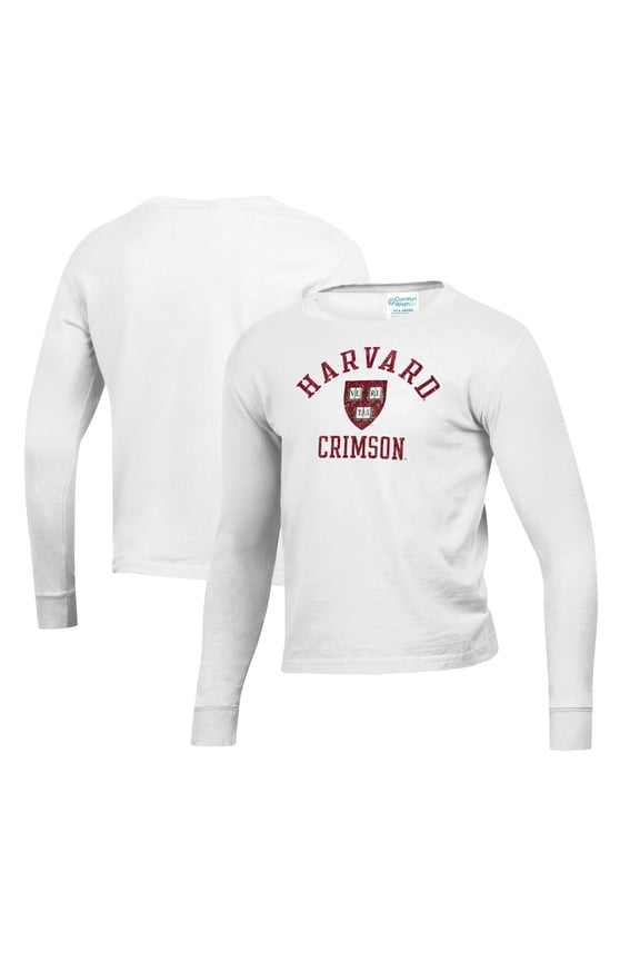 Youth  White Harvard Crimson Mascot Comfort Wash Long Sleeve T-Shirt