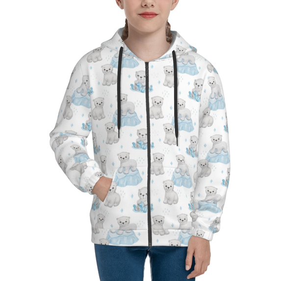Youth Zip Up Hoodie - Playful Polar Bear Pals Soft Sweatshirt Long Sleeve Casual Essentials Hoodie for Boys or Girls