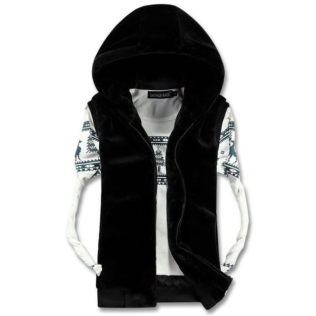 Youth plush vest men‘s winter couple hooded sleeveless cutoff shoulder