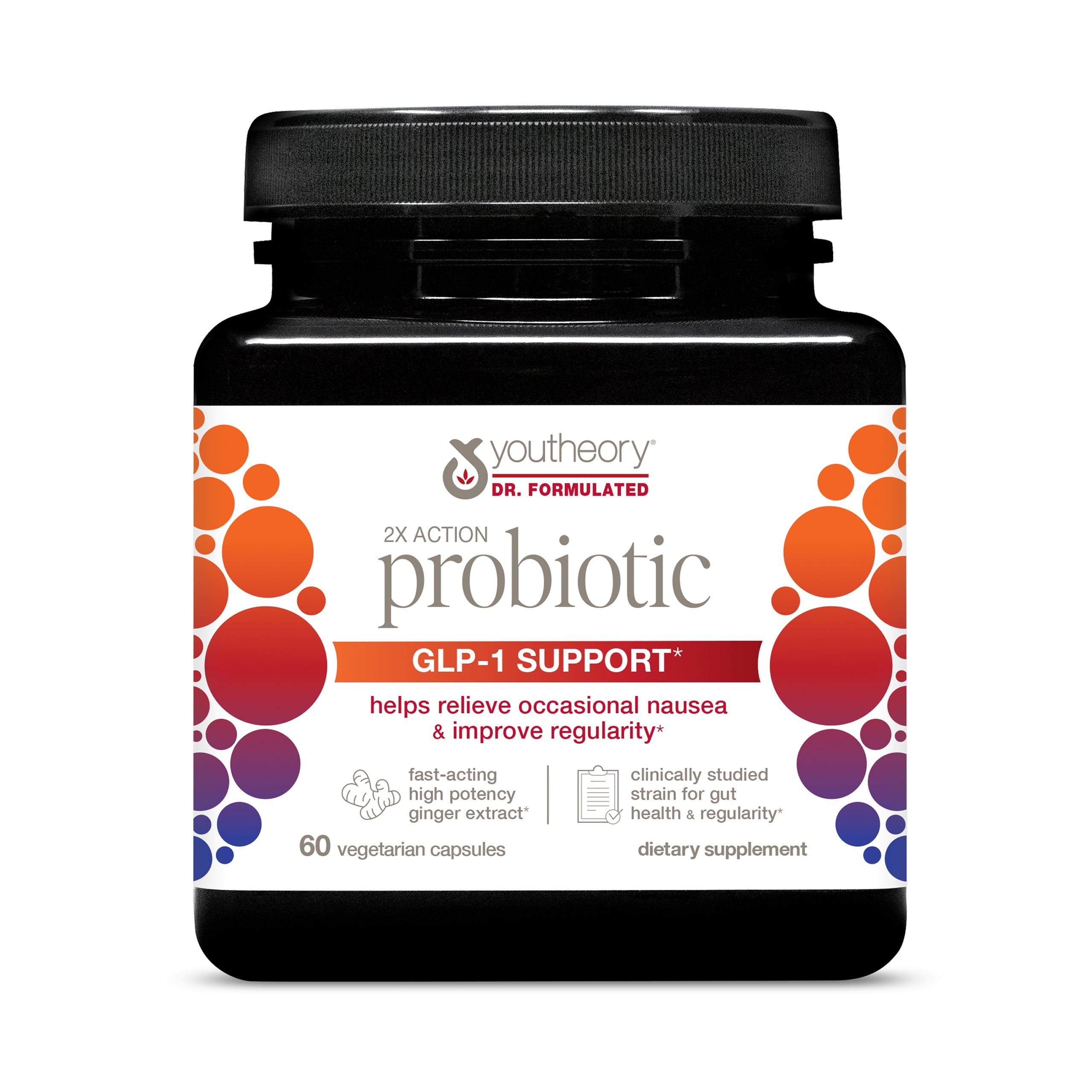 Youtheory 2X Action Probiotic - GLP-1 Support for Gut & Digestive Health* - Clinically Studied Probiotic - Prebiotic Fiber & Fast-Acting Ginger Extract - Gluten & Soy Free - 60 Vegetarian Capsules